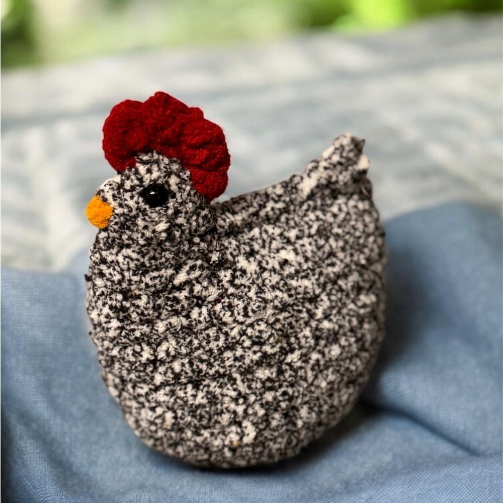 Handmade Crochet Speckled Black and White Chicken Plush 5.5” Tall